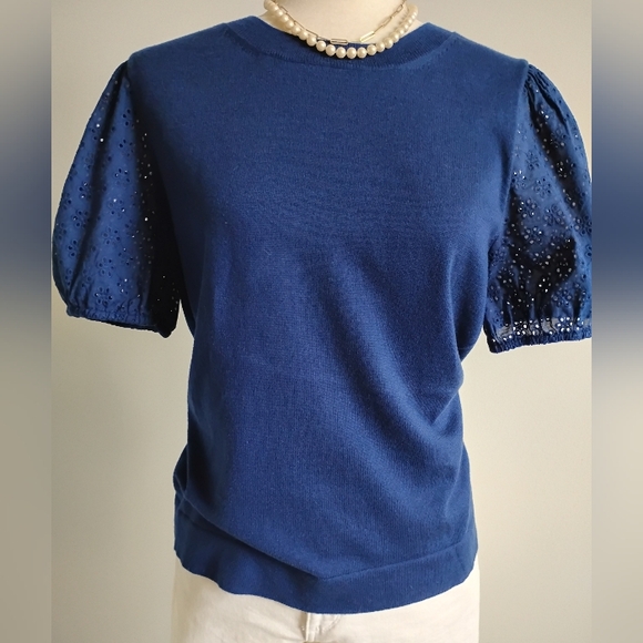 J. Crew Factory Tops - J. Crew Factory Crew Neck Short Sleeve Sweater Eyelet Puff Sleeves Navy Size Med